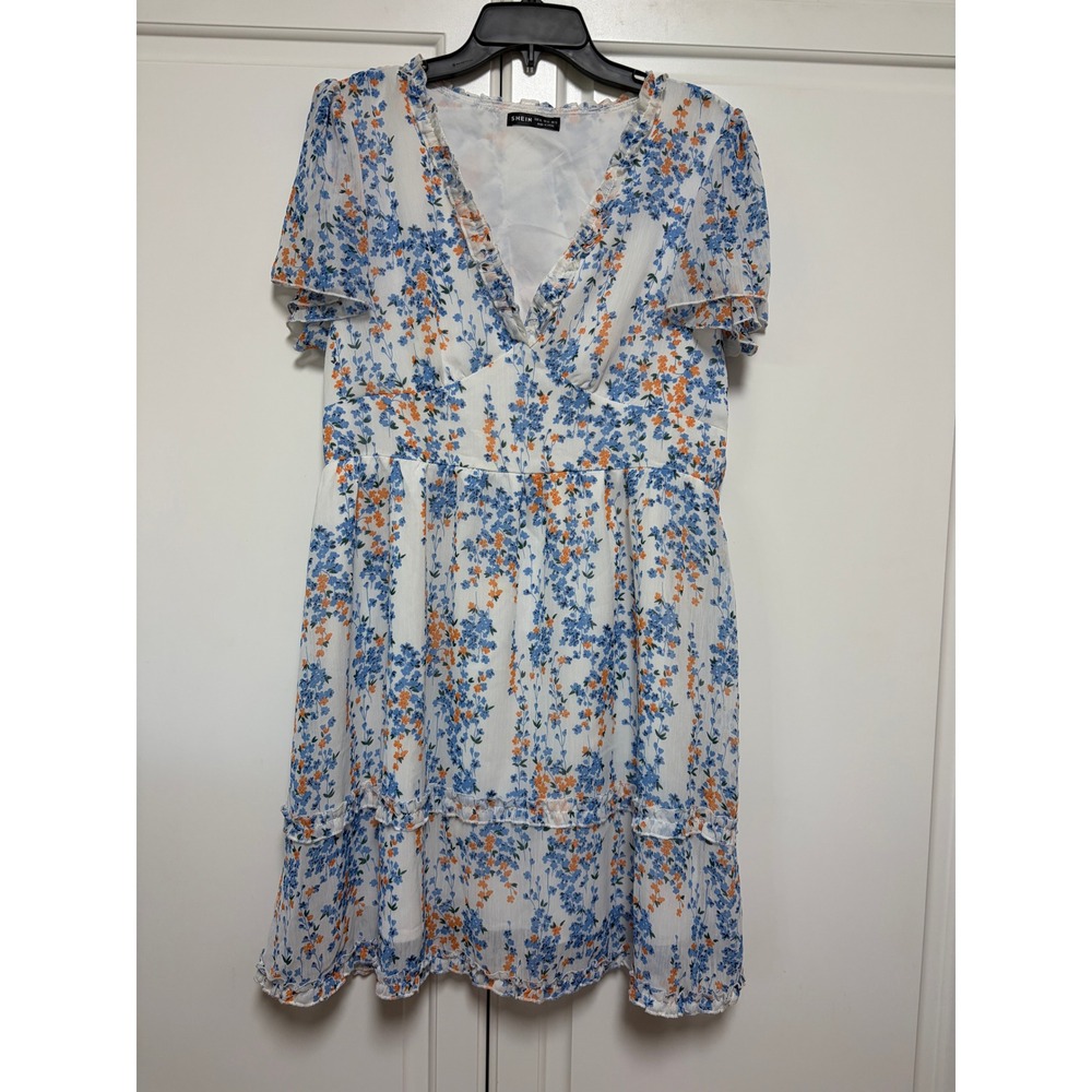SHEIN Floral Dress Blue & Orange Ruffle Trim Short Sleeve V-Neck Tiered